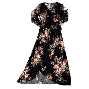 TM By Truly Me womens Floral Wrap Style Dress-Black/Pink-Sz Large-NWT